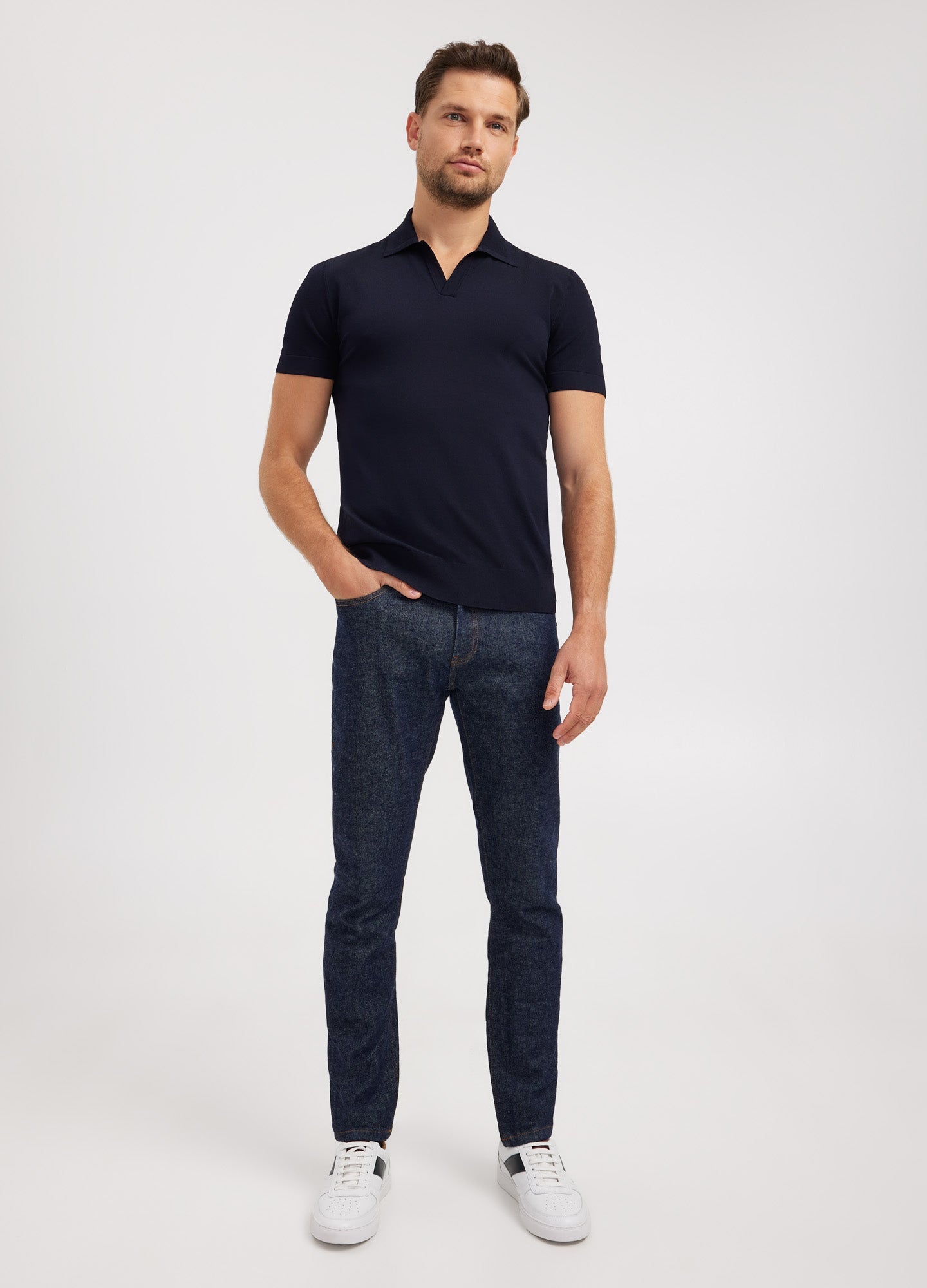 Rully Rib Collar Tech Knit Polo Navy Dark