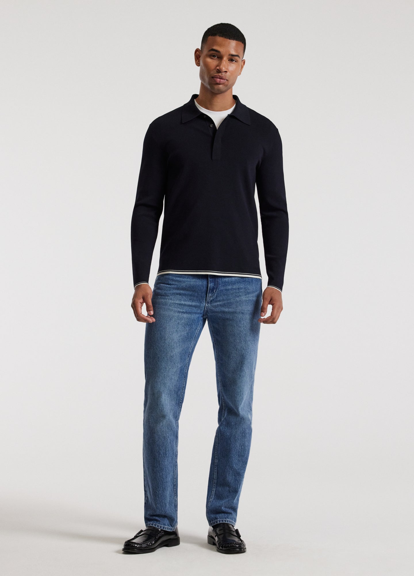 Rully Tipped Edge Long Sleeve Polo Navy