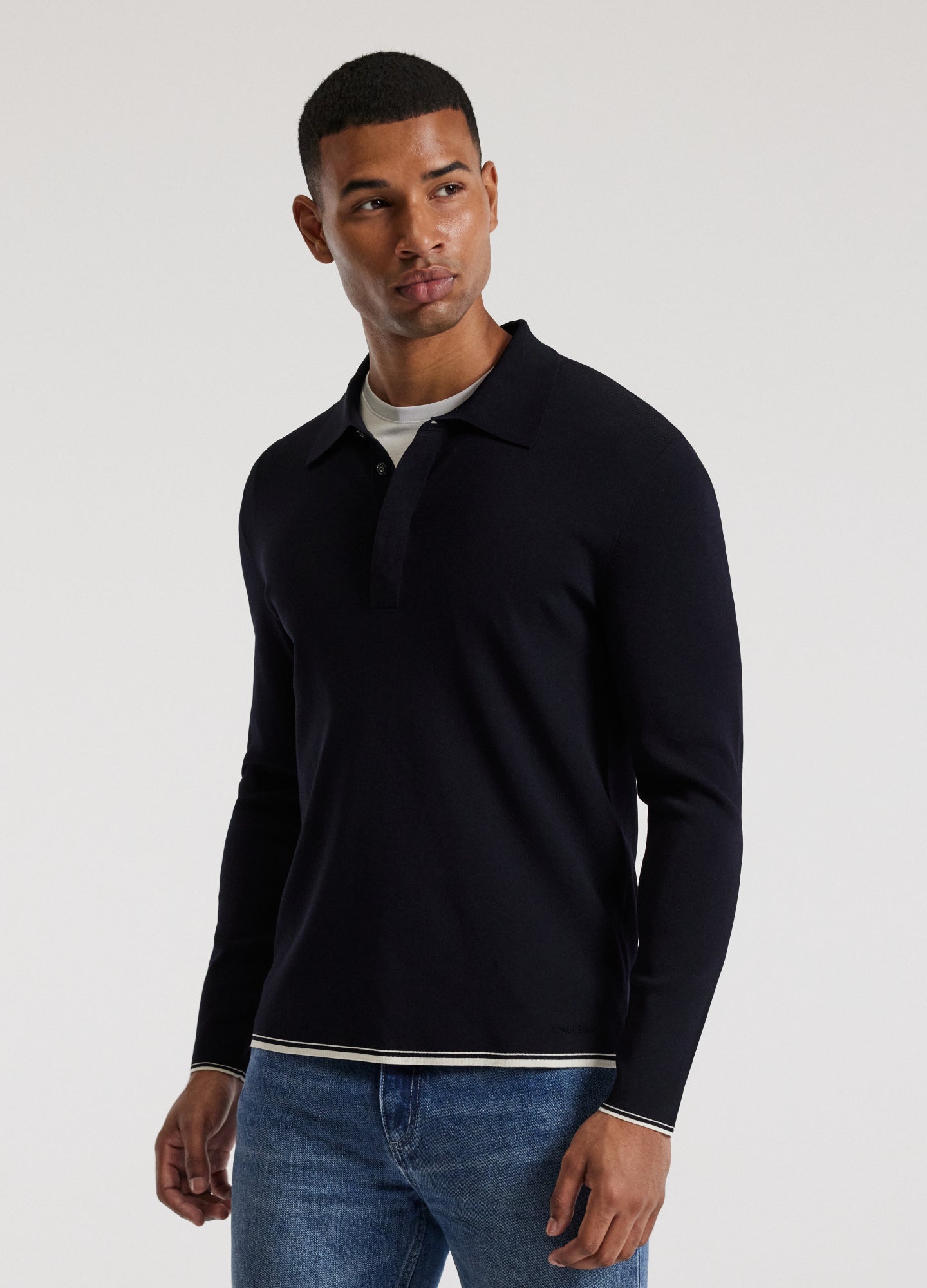 Rully Tipped Edge Long Sleeve Polo Navy