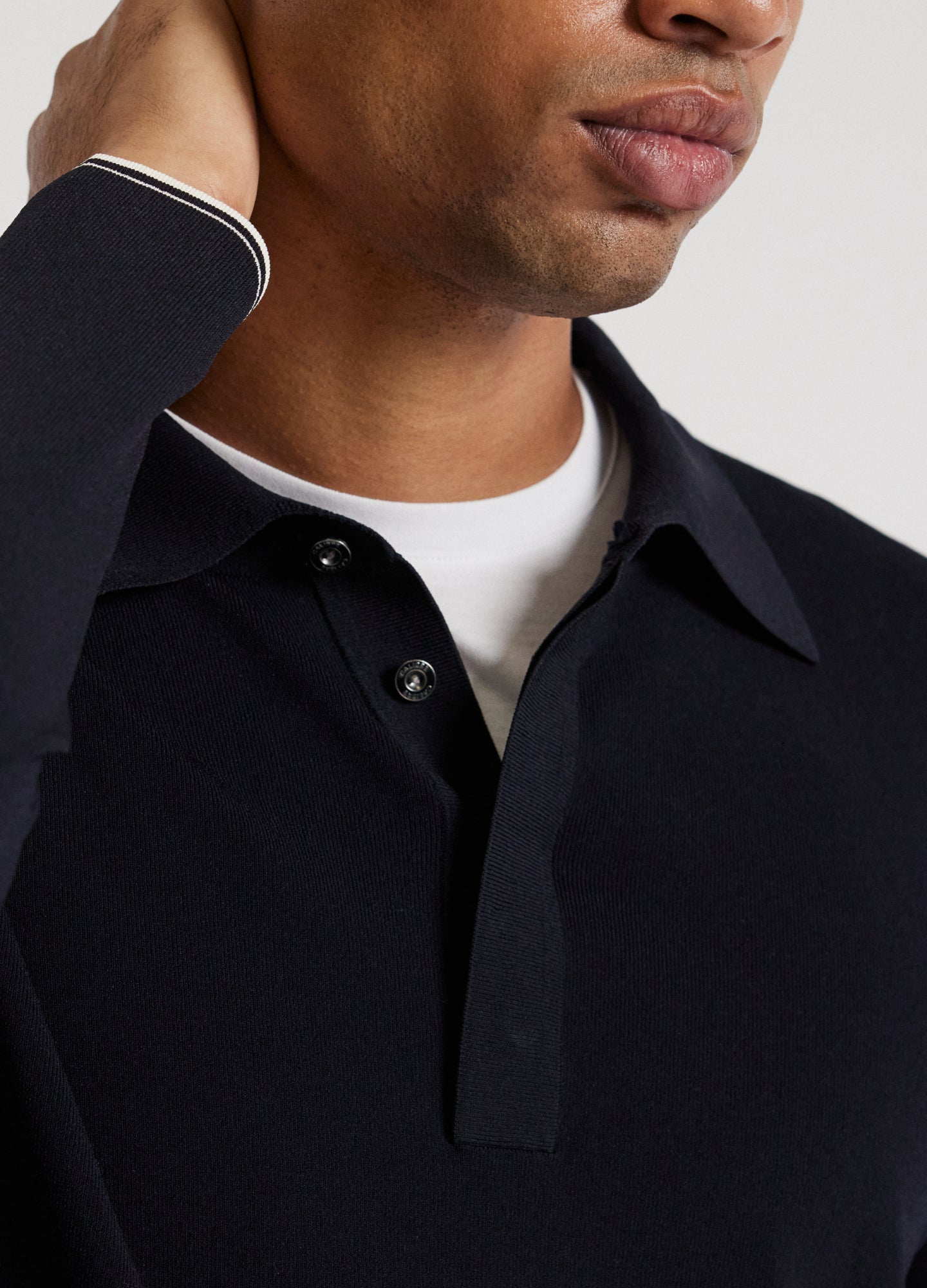 Rully Tipped Edge Long Sleeve Polo Navy