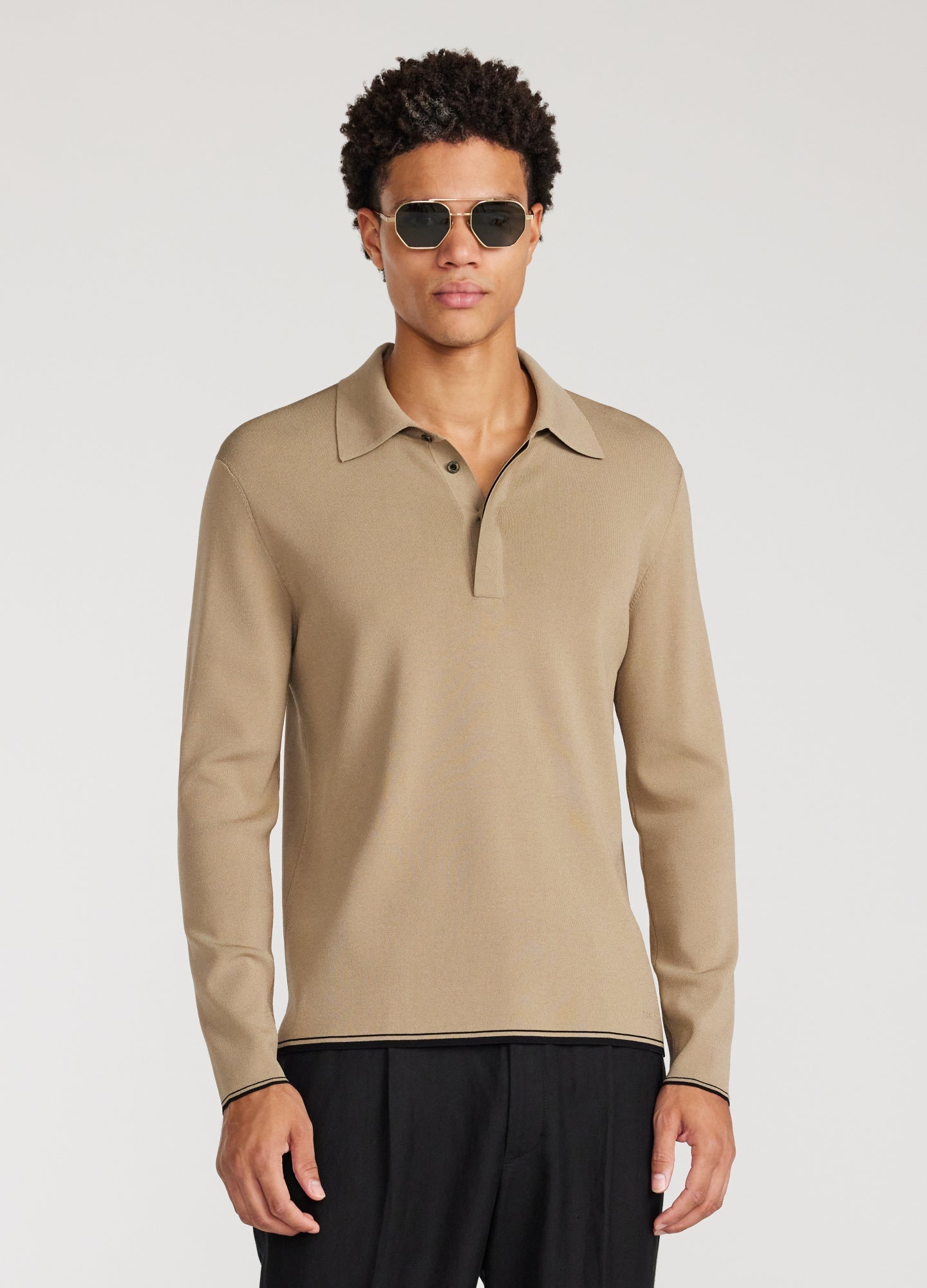 Rully Tipped Edge Long Sleeve Polo Sand