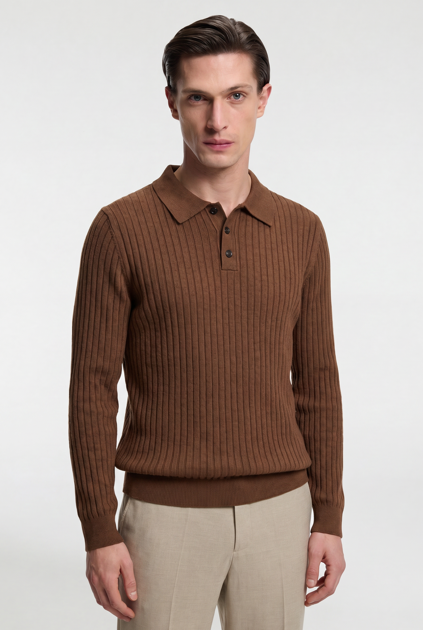 Men’s Ribbed Knit Polo – Long Sleeve