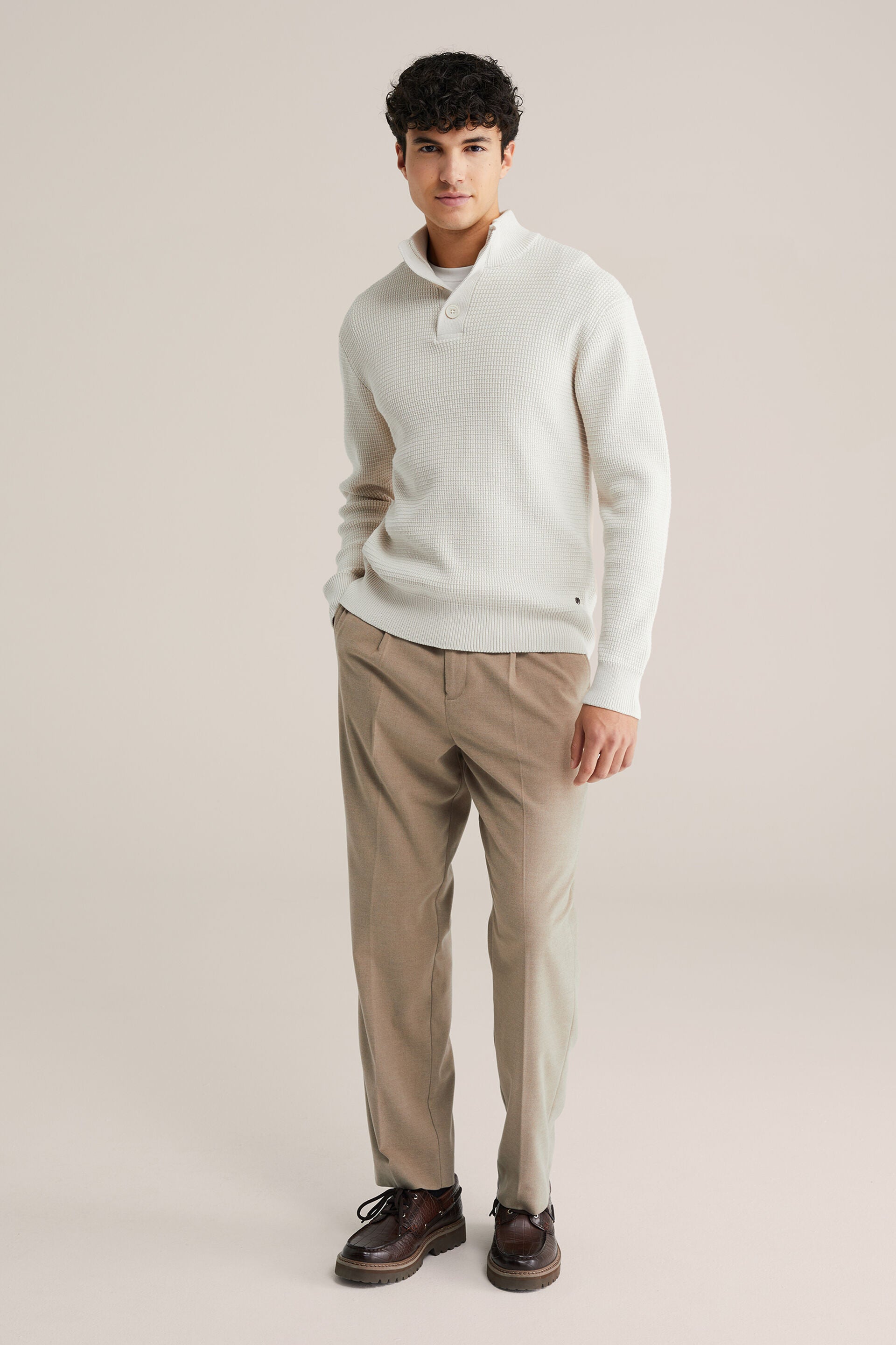 Men’s Regular Fit Structured Knit Button-Neck Jumper