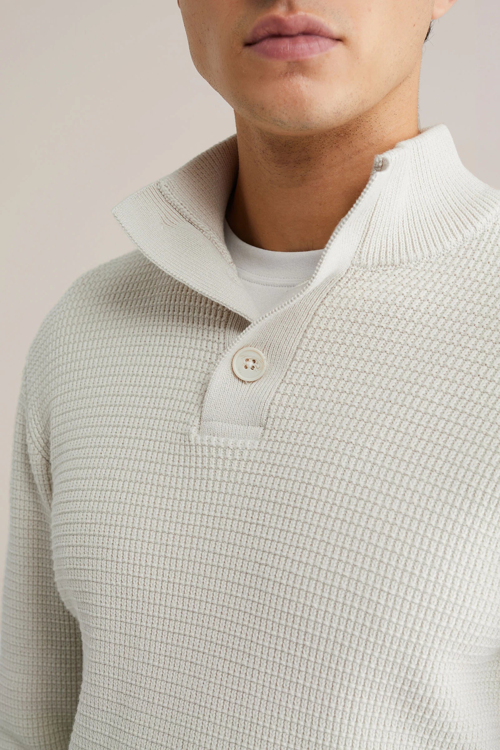 Men’s Regular Fit Structured Knit Button-Neck Jumper