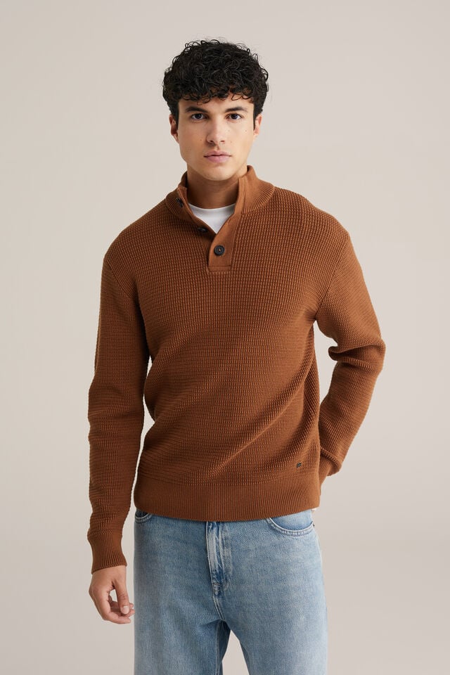 Men’s Regular Fit Structured Knit Button-Neck Jumper