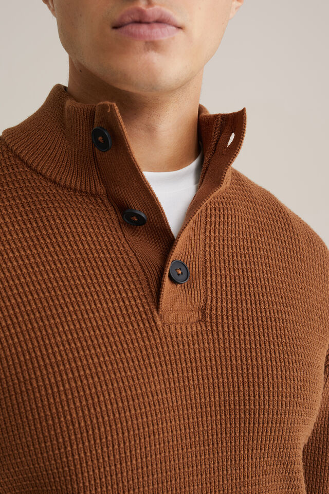 Men’s Regular Fit Structured Knit Button-Neck Jumper