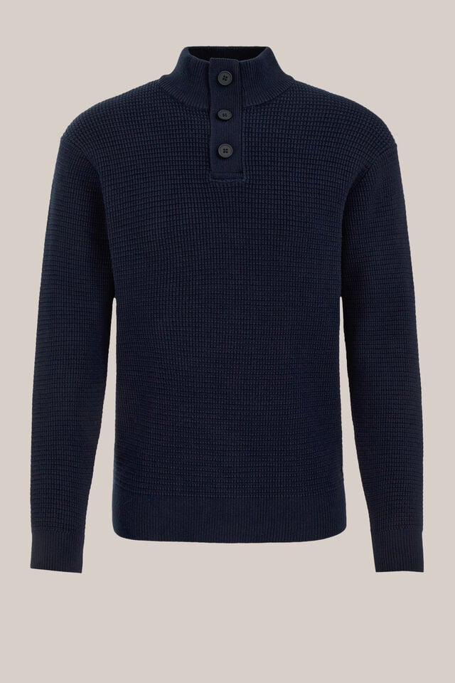 Men’s Regular Fit Structured Knit Button-Neck Jumper