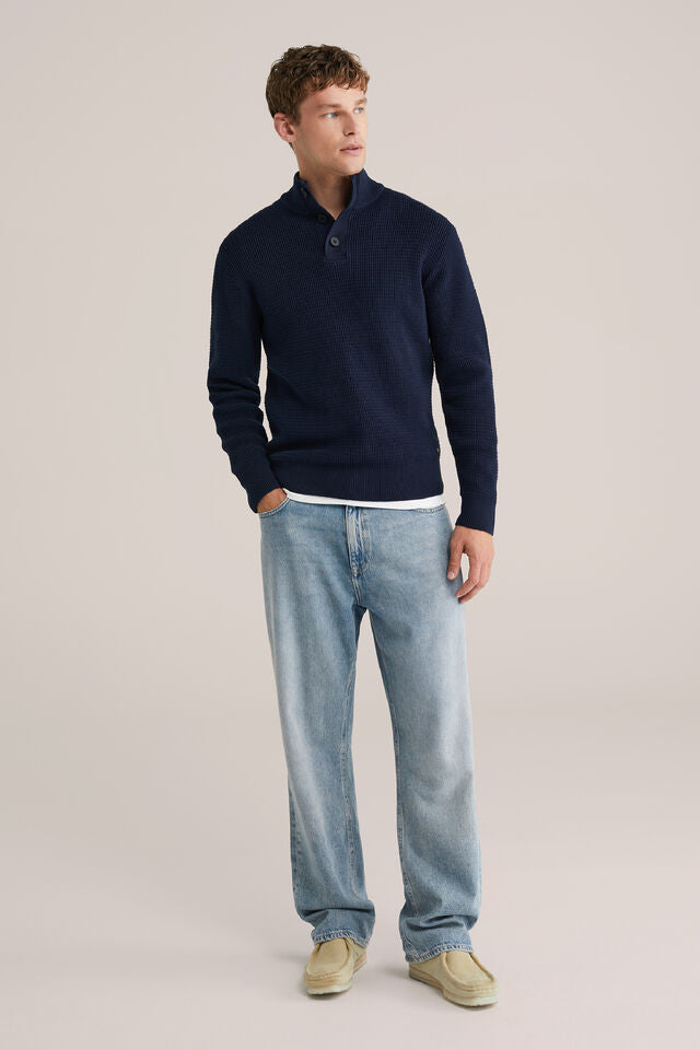 Men’s Regular Fit Structured Knit Button-Neck Jumper
