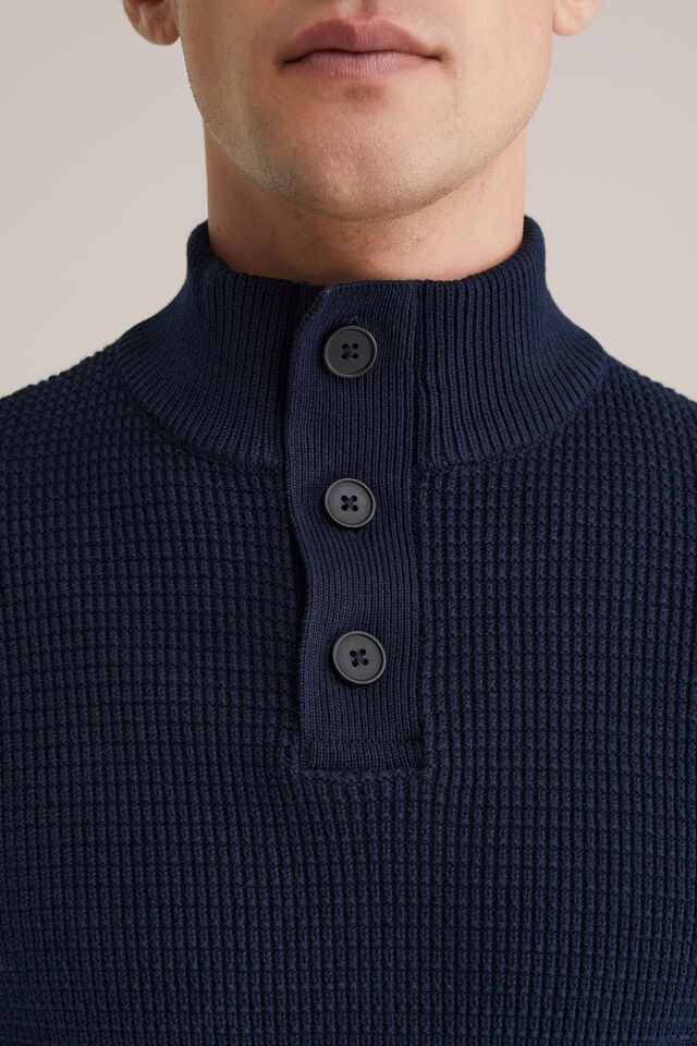 Men’s Regular Fit Structured Knit Button-Neck Jumper