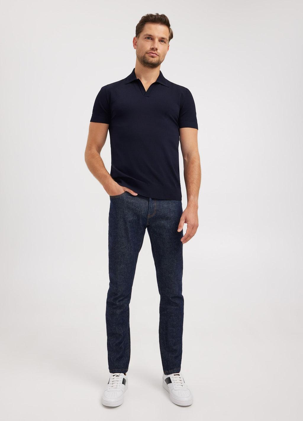 Rully Rib Collar Tech Knit Polo Navy Dark