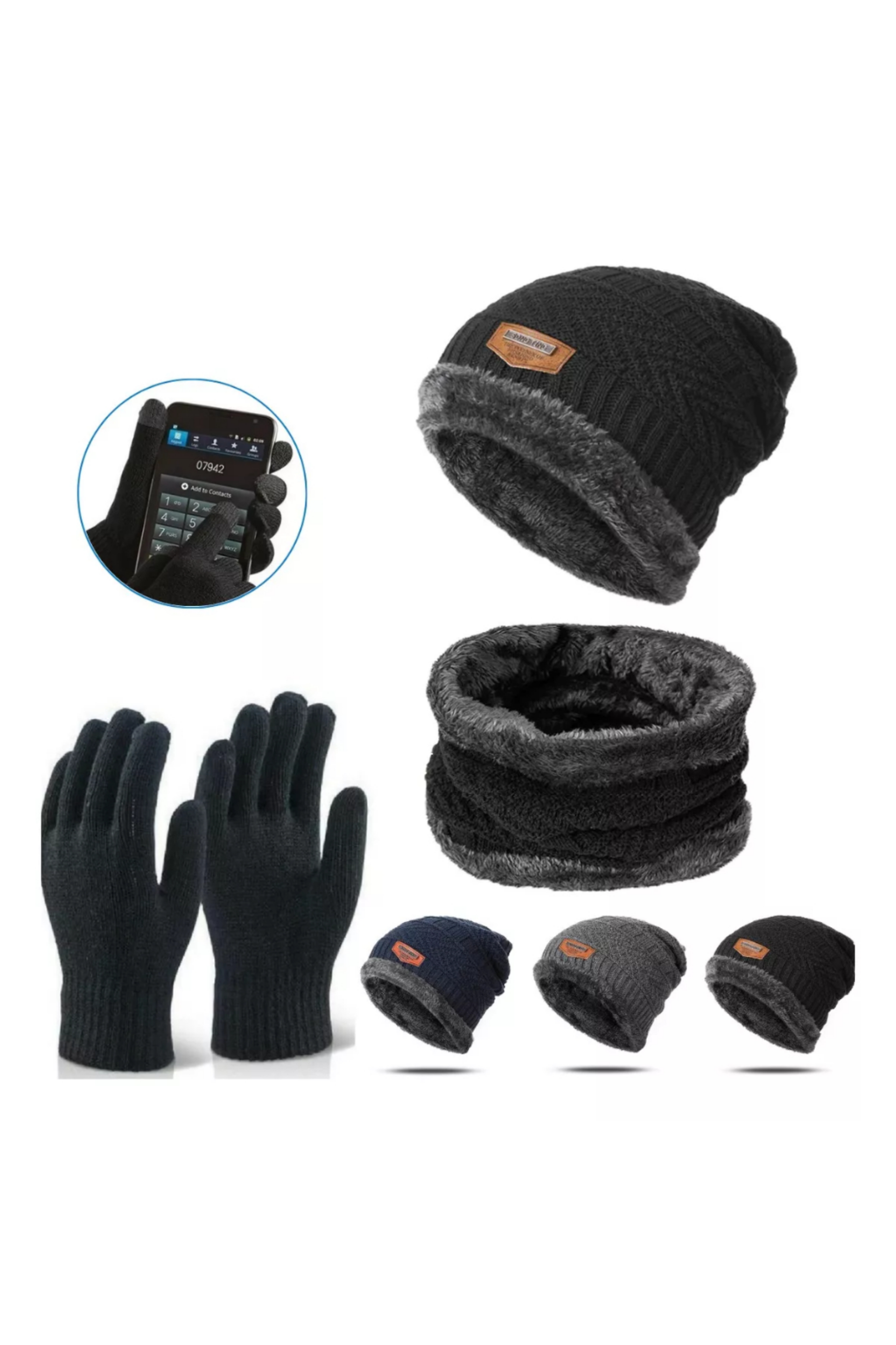Winter Accessory Set — Lined Beanie, Neck Warmer & Touchscreen Gloves