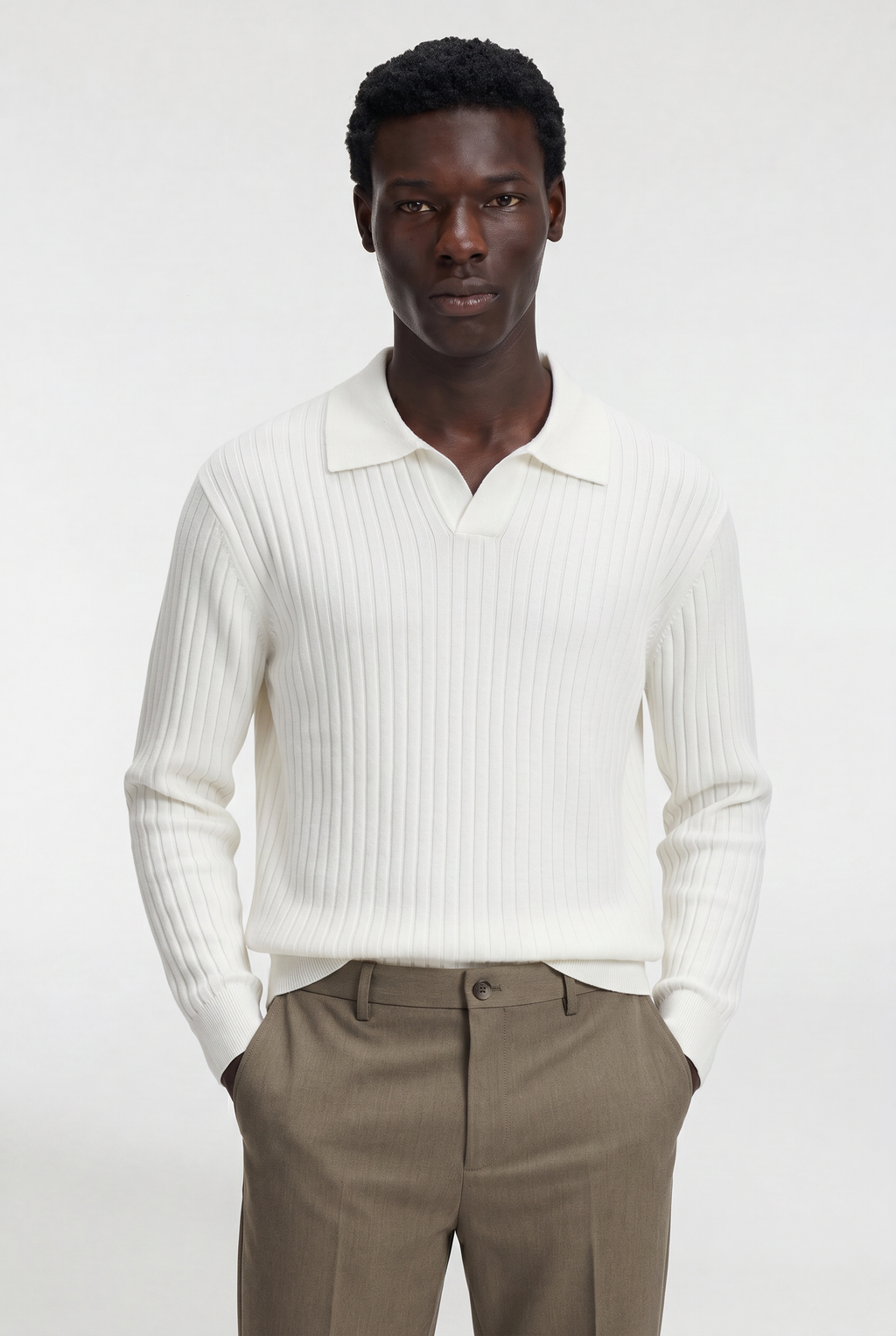 Men’s Ribbed V-Neck Polo Shirt – Long Sleeve
